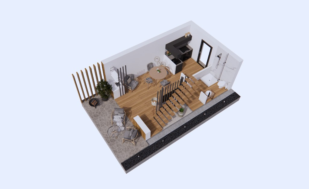 Grundriss Erdgeschoss mit Wohnbereich, Küche und Terrasse